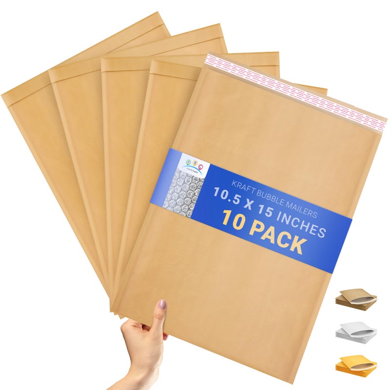 ABC PACK & SUPPLY Brown Kraft Bubble Mailer Envelopes, 10.5 x 15 Inches. 10 Pack Mail Padded Envelopes Self Seal. Kraft Bubble Mailers. Tear-Resistant Mailing Envelope Padded. Sturdy Paper Mailer - Image 1